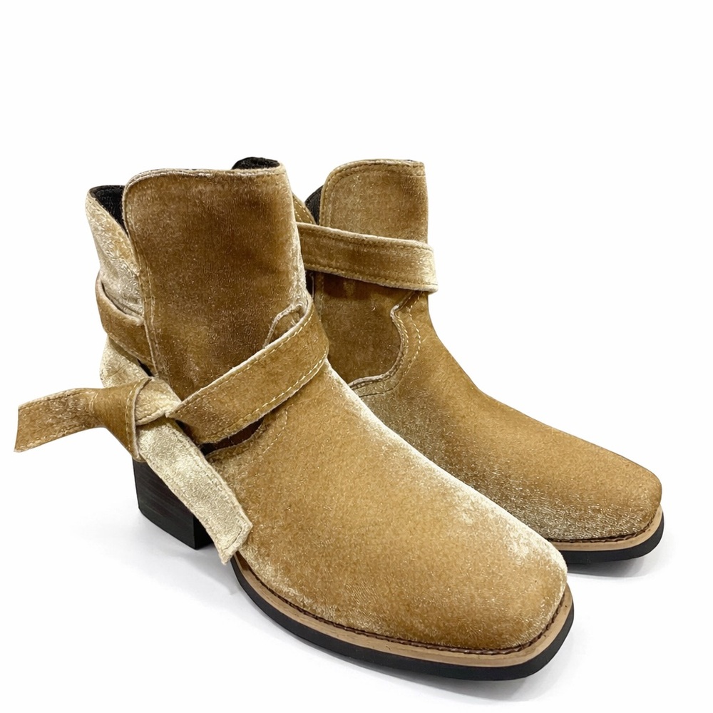 Justin Velvet Ankle Booties Western Wrap Strap Gold Tan Size 10